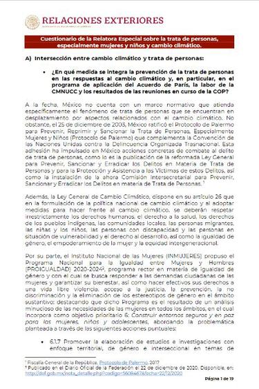 Cuestionario de la Relatora Especial Sobre la Trata de Personas, especialmente Mujeres y Niños y Cambio Climático