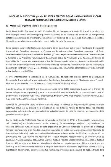 Informe de Argentina para la Relatoria Especial de las Naciones Unidas sobre trata de Personas, Especialmente Mujeres y Niños