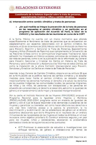 Cuestionario de la Relatora Especial Sobre la Trata de Personas, especialmente Mujeres y Niños y Cambio Climático doc cover